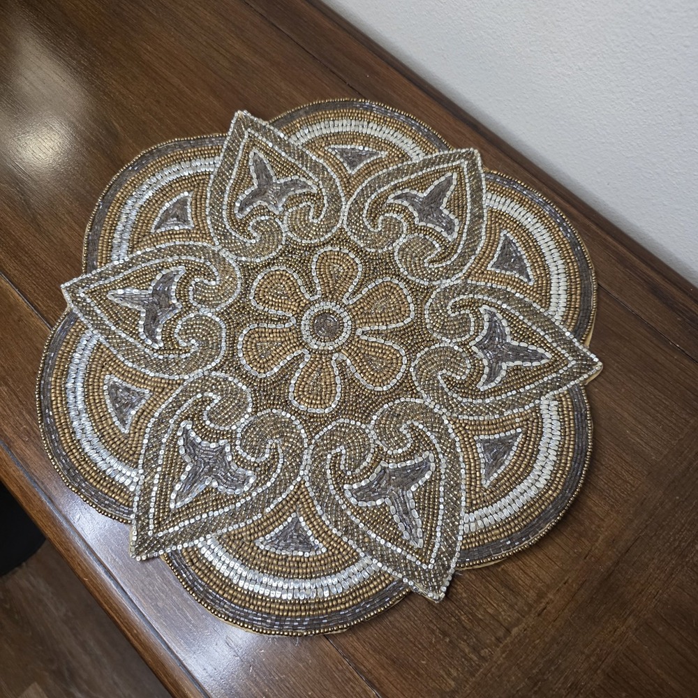 Pier 1 Imports Beaded Placemat 15" Gold Silver Fleur de Lis Floral Boho India